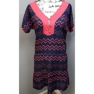 ROXY Shift Dress Womens Large Navy Coral Chevron Cinch Waist V Neck Button Front